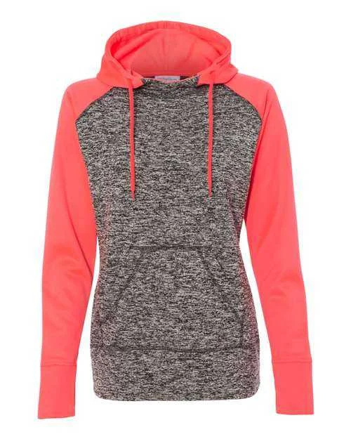 J. America 8618 Womens Colorblocked Cosmic Fleece Hooded Sweatshirt - Charcoal Fleck Fire Coral Hoodie with Typography Text Message J. America 8618 Womens Colorblocked Cosmic Fleece Hooded Sweatshirt - Charcoal Fleck Fire Coral Hoodie with Typography Text Message