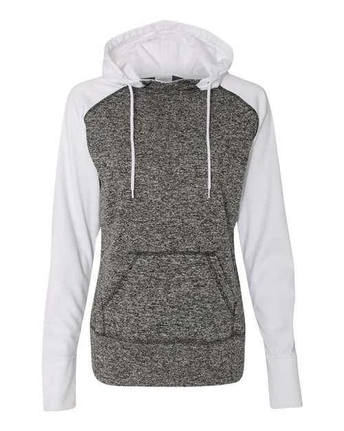 J. America 8618 Womens Colorblocked Cosmic Fleece Hooded Sweatshirt - Charcoal Fleck White Hoodie with Applique Textured Unique J. America 8618 Womens Colorblocked Cosmic Fleece Hooded Sweatshirt - Charcoal Fleck White Hoodie with Applique Textured Unique