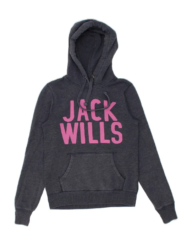 JACK WILLS Womens Graphic Hoodie Jumper UK 8 Small  Navy Blue Cotton