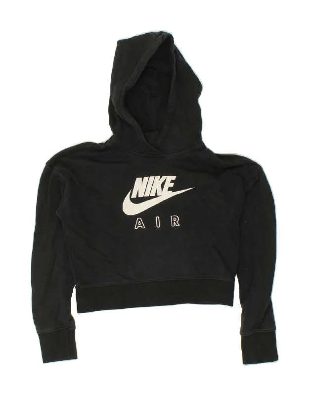 NIKE Girls Graphic Crop Hoodie Jumper 12-13 Years Large Black Cotton