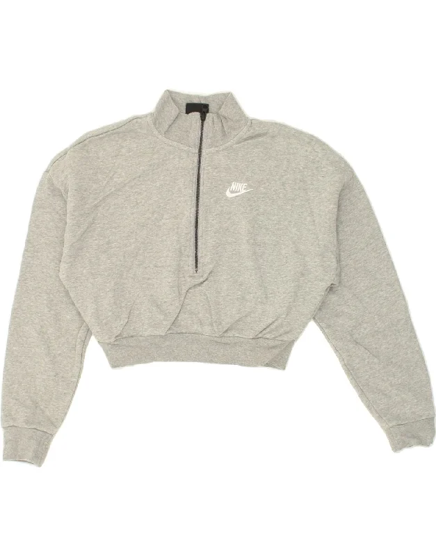 NIKE Womens Oversized Crop Zip Neck Sweatshirt Jumper UK 6 XS Grey Cotton