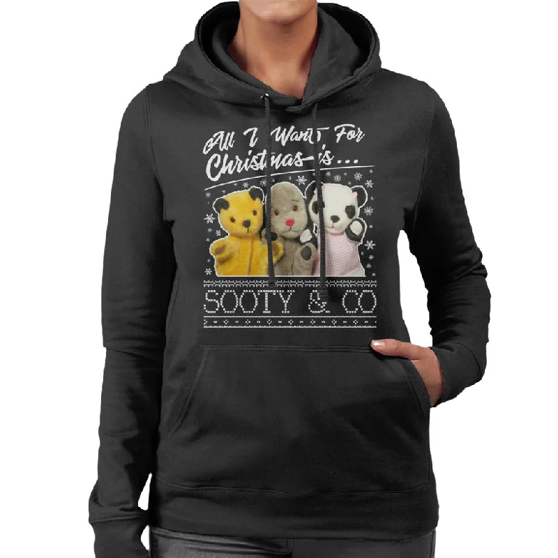 Sooty Christmas All I Want For Christmas Is Sooty And Co Women's Hooded Sweatshirt Hoodie with V-Neck Classic Versatile Sooty Christmas All I Want For Christmas Is Sooty And Co Women's Hooded Sweatshirt Hoodie with V-Neck Classic Versatile