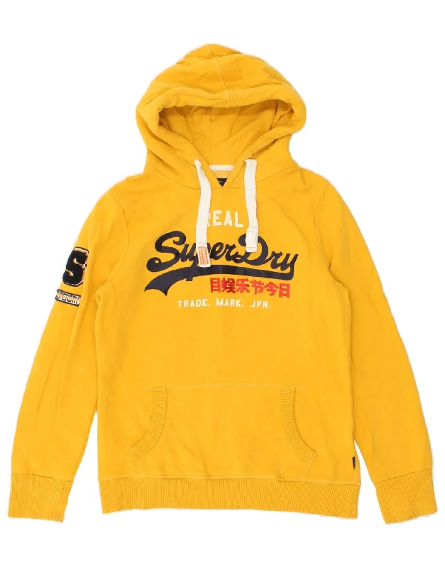 SUPERDRY Womens Graphic Hoodie Jumper UK 12 Medium Yellow Cotton