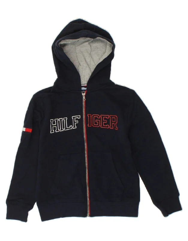 TOMMY HILFIGER Boys Graphic Zip Hoodie Sweater 8-9 Years Small Navy Blue