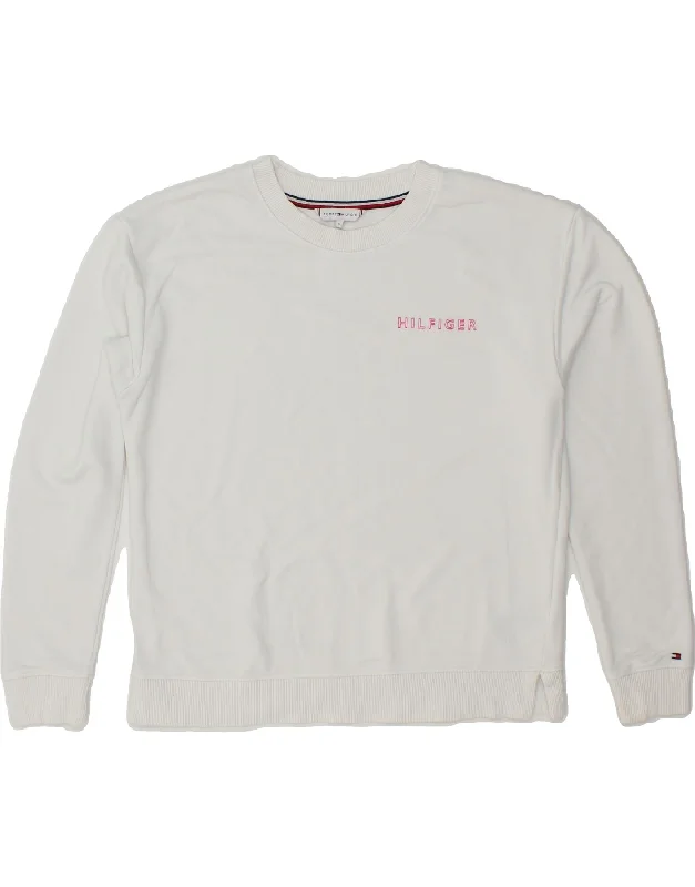 TOMMY HILFIGER Womens Graphic Sweatshirt Jumper UK 10 Small White Cotton Hooded Sweatshirt Casual Wear Street Style TOMMY HILFIGER Womens Graphic Sweatshirt Jumper UK 10 Small White Cotton Hooded Sweatshirt Casual Wear Street Style