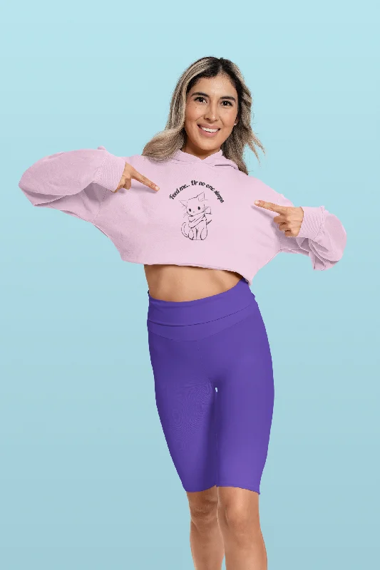Women Crop Hoodie Front Print Feed Me Hoodie with Monochrome Minimalist Simple