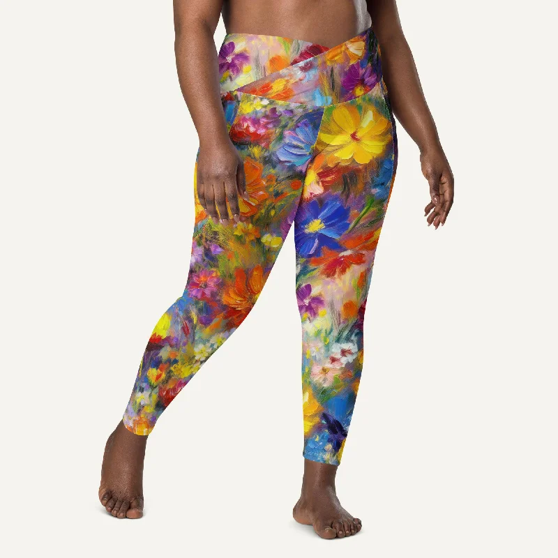 Impressionist Flowers Crossover Leggings With Pockets