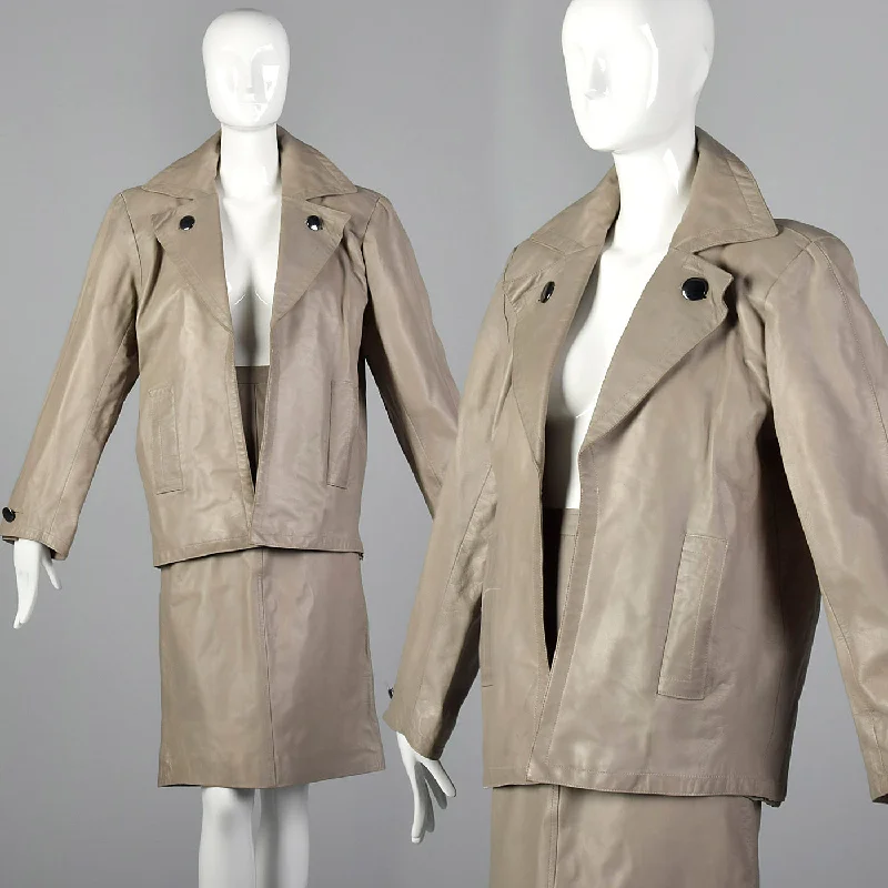 1980s Yves Saint Laurent Rive Gauche Gray Leather Skirt Suit