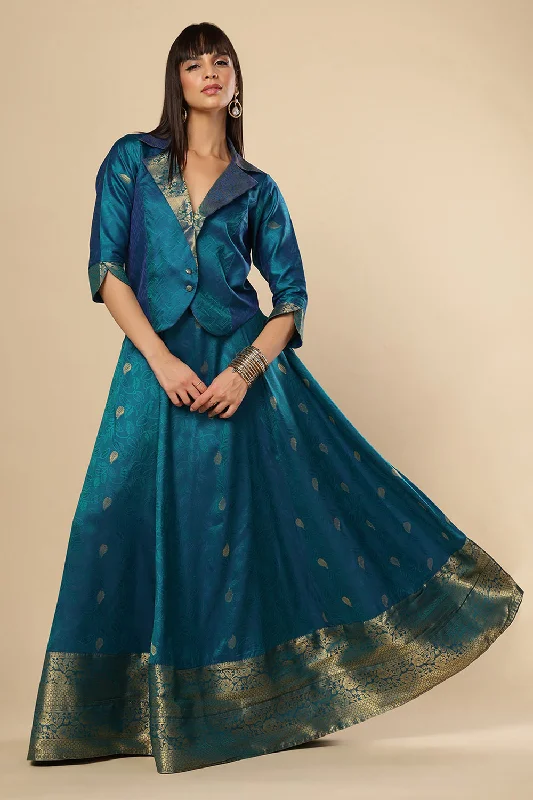 Adina Blue Silk Foil Print Lace Adjustable Waist Ethnic Saree Skirt