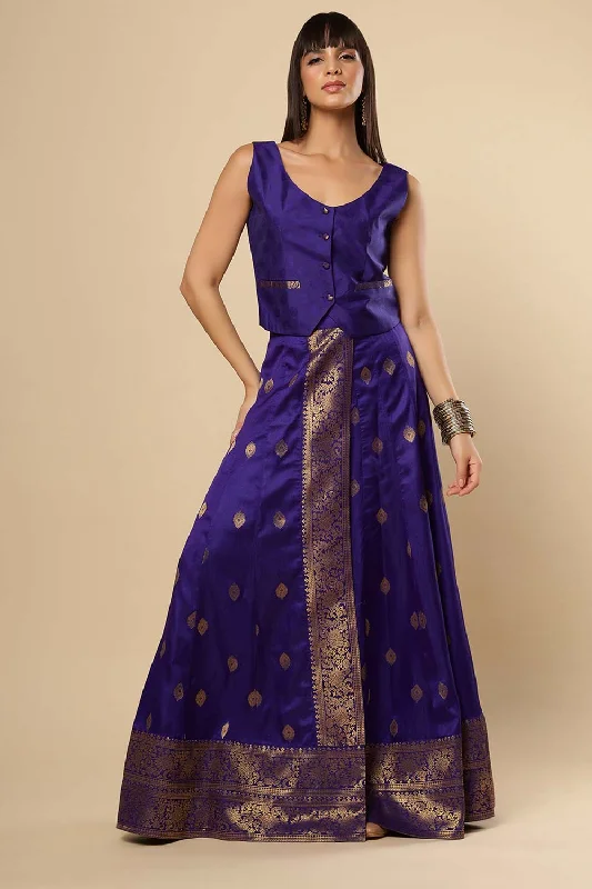 Afra Navy Blue Moss Weave Silk Wrap Around Ethnic Saree Skirt