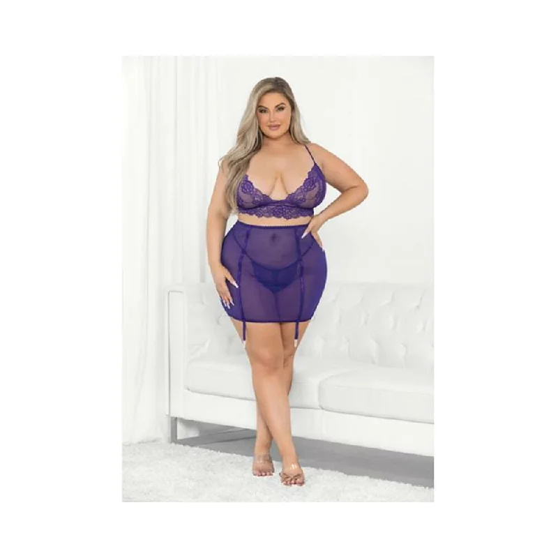 Lace & Mesh Long Line Bra, Garter Skirt & G-string Midnight Purple 2x mini skirt trendy Lace & Mesh Long Line Bra, Garter Skirt & G-string Midnight Purple 2x mini skirt trendy