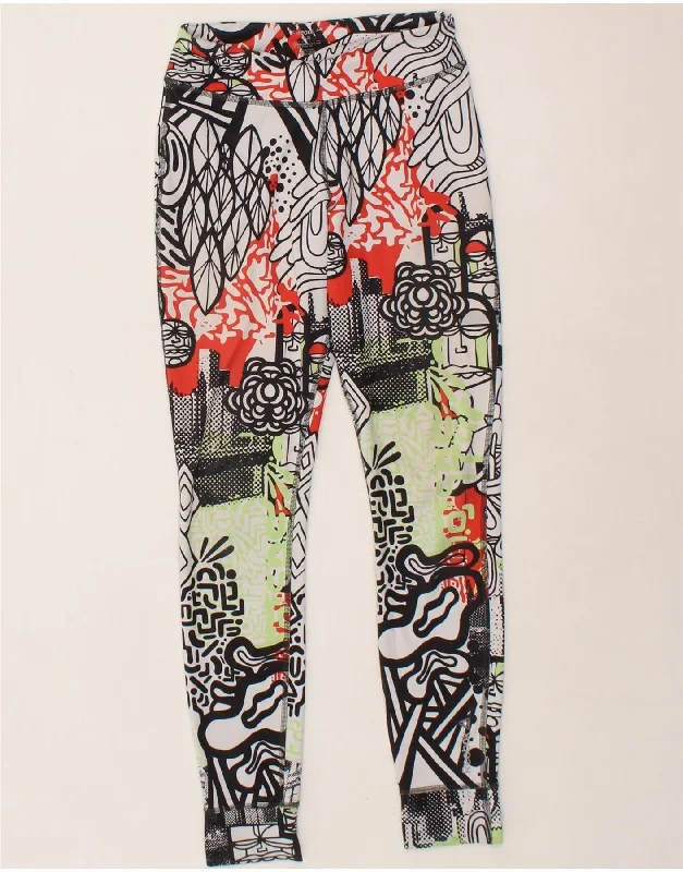 REEBOK Womens Graphic Leggings UK 4/6 XS  White Floral Stylish Side-Stripe Leggings