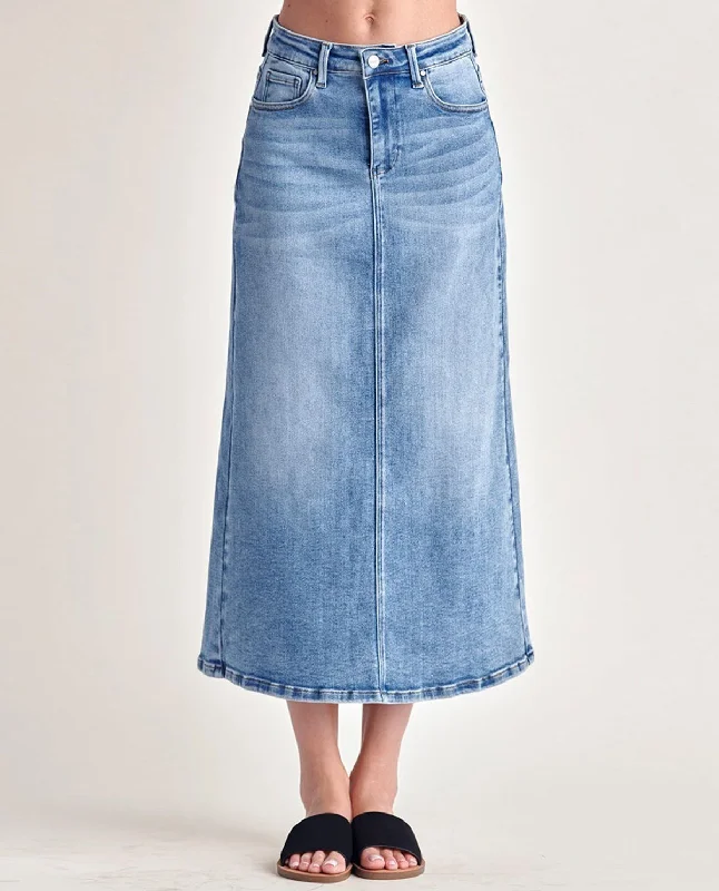 Risen High Rise Denim Maxi Skirt