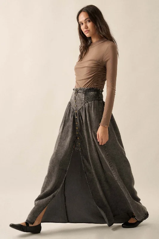 Softest Storm Acid-Wash Denim Buttoned Maxi Skirt