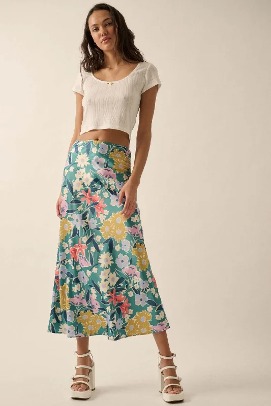 Teal Temptation Floral Satin A-Line Midi Skirt