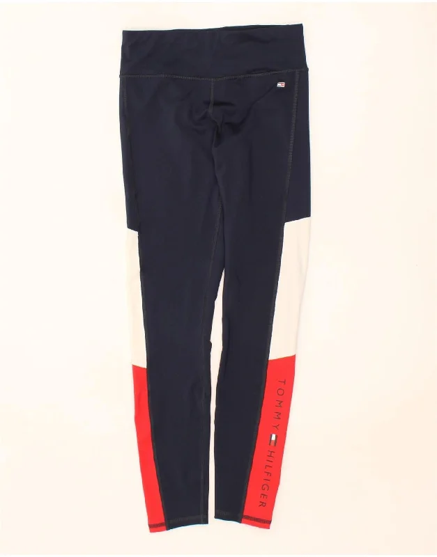 TOMMY HILFIGER Womens Graphic Leggings UK 10 Small Navy Blue Colourblock Fashionable Printed Leggings