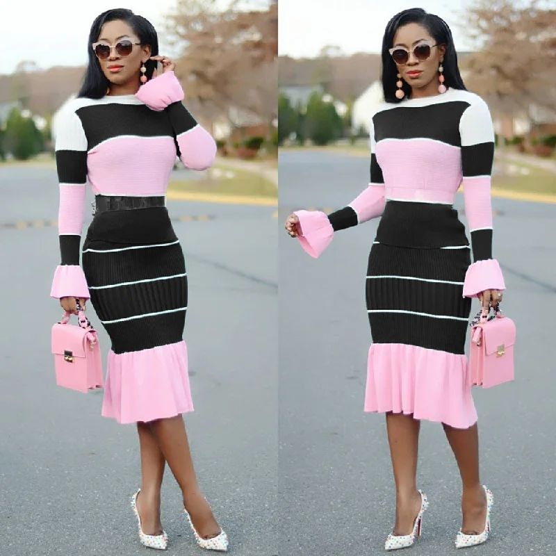 Women Fashion Casual Color Blocking Printed Chiffon Round Neck Top Tight Skirt Set cashmere skirt plush Women Fashion Casual Color Blocking Printed Chiffon Round Neck Top Tight Skirt Set cashmere skirt plush