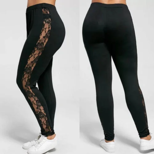 Women Plus Size Sexy Mesh Lace Patchwork Solid Color See-Through Leggings Fashionable High-Rise Leggings Women Plus Size Sexy Mesh Lace Patchwork Solid Color See-Through Leggings Fashionable High-Rise Leggings