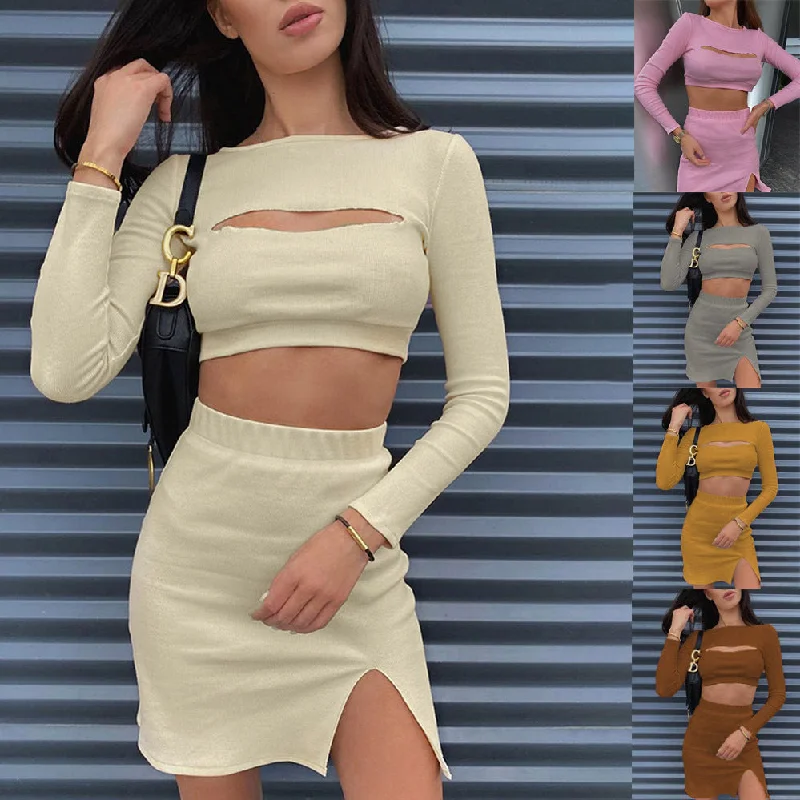 Women's Fashion Suits Skirts Showing Chest Cutout Tops With Split Ends pleated skirt texture