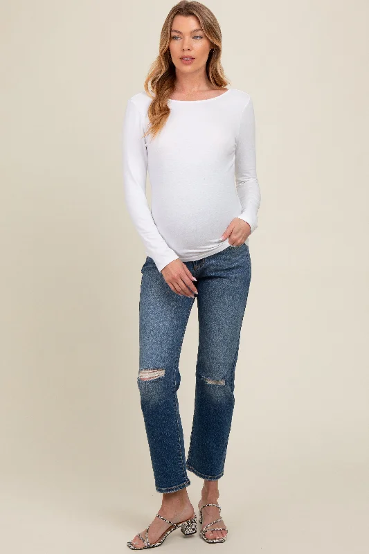 Blue Distressed Knee Slim Fit Maternity Jeans