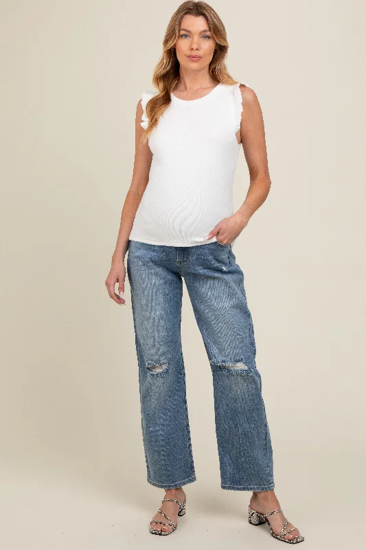 Blue Distressed Knee Straight Leg Maternity Jeans