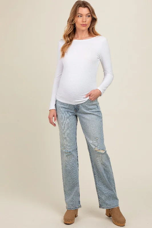 Light Blue Distressed Open Knee Maternity Straight Leg Jeans