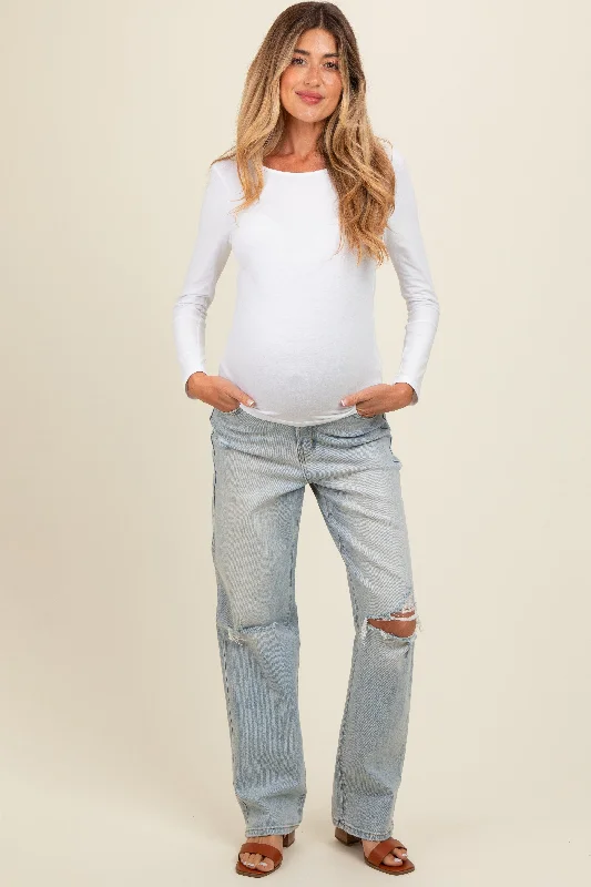 Light Blue Open Knee Relaxed Straight Leg Maternity Jeans