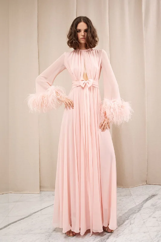 A line georgette dress with feathers