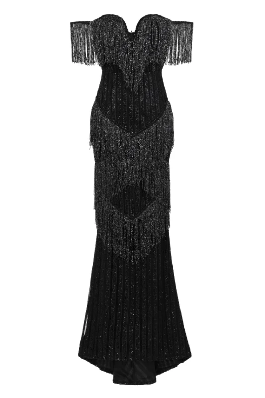 Amira Black Glitter Stripe Tassel Fringe Bardot Fishtail Dress