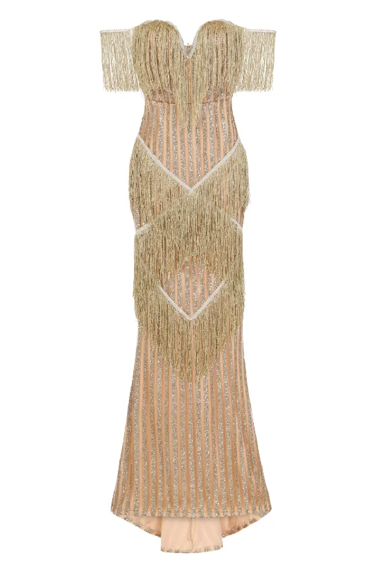 Amira Gold & Nude Glitter Stripe Tassel Fringe Bardot Fishtail Dress
