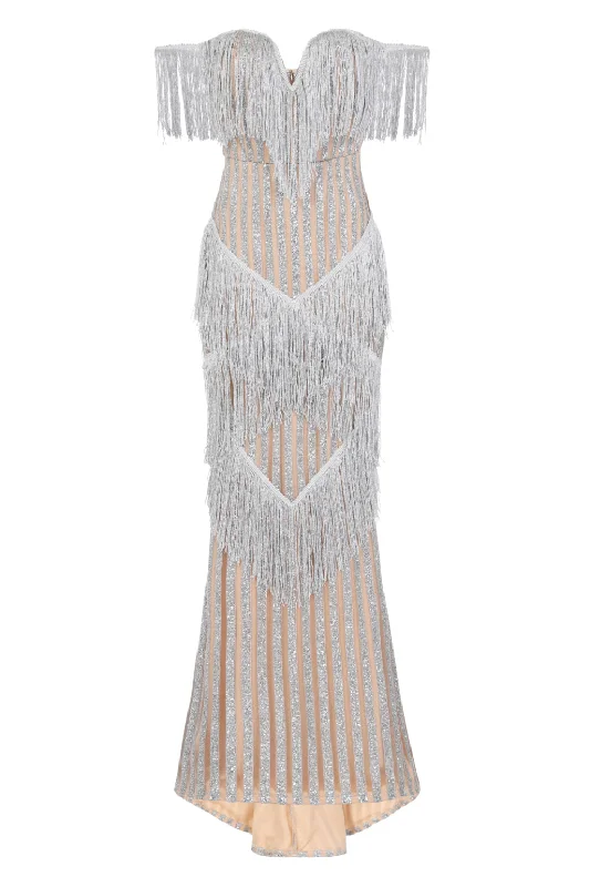 Amira Silver & Nude Glitter Stripe Tassel Fringe Bardot Fishtail Dress