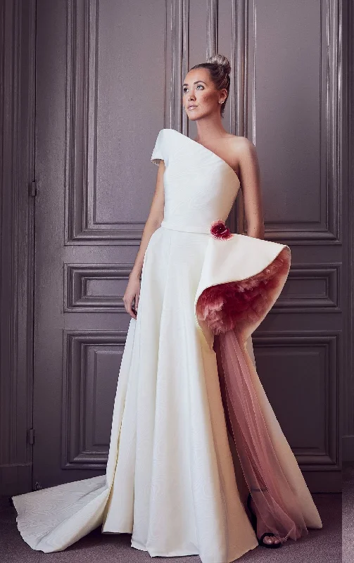 Asymmetric neckline side ruffle moire dress