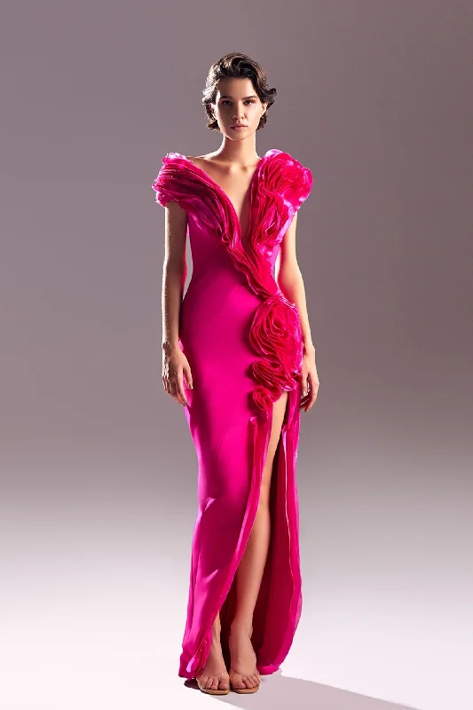 Asymmetric ruffled neckline side slit dress