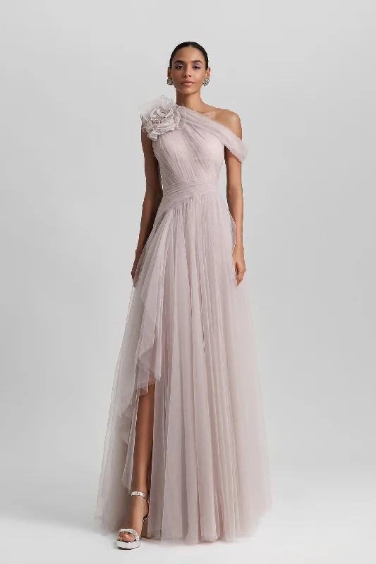 Asymmetrical neckline tulle lilac dress