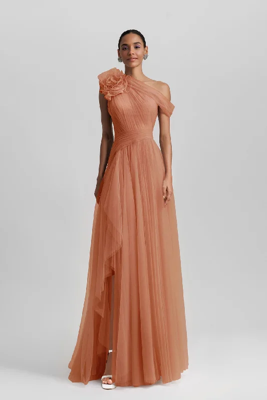 Asymmetrical neckline tulle peach dress