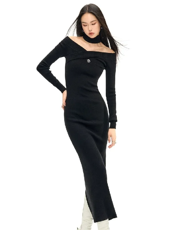 Cross-Neck Long Slim Knit Dress