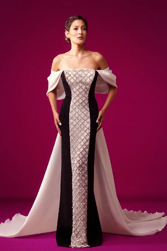 Diamond shaped swarovski beaded back train dress