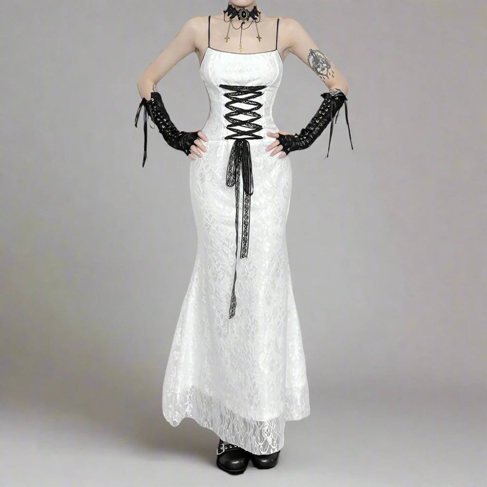 Elegant White Lace Bandage Dress with Gothic Trim