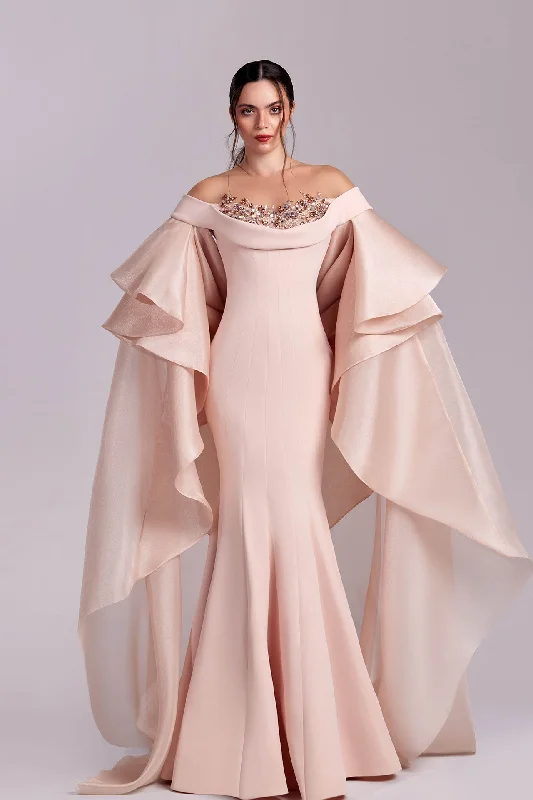 Embellished crepe gown with cascading sleeves