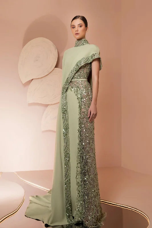 High collar crepe embroidered dress