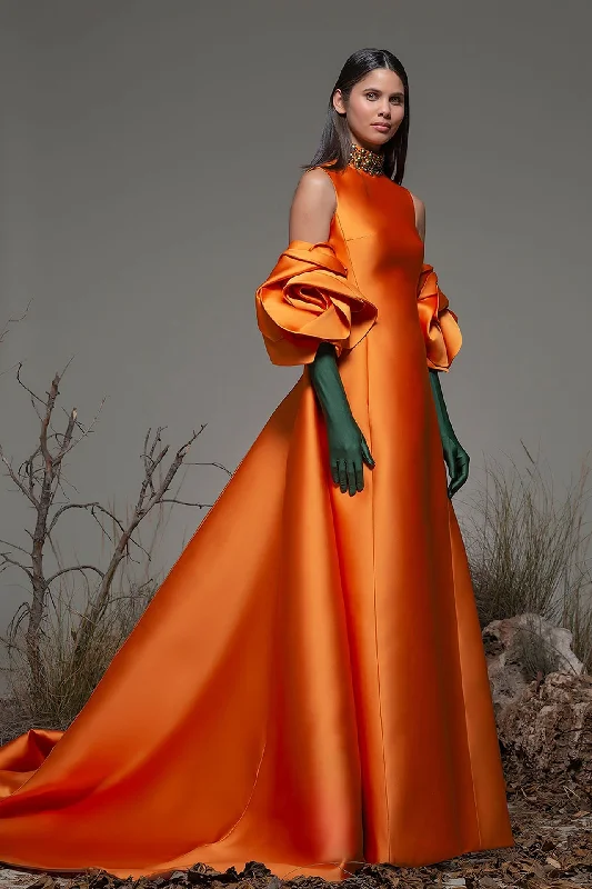 High neckline dress featuring sweep train overskirt