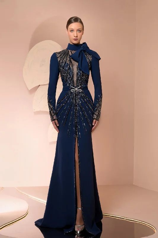 High slit embroidered crepe dress
