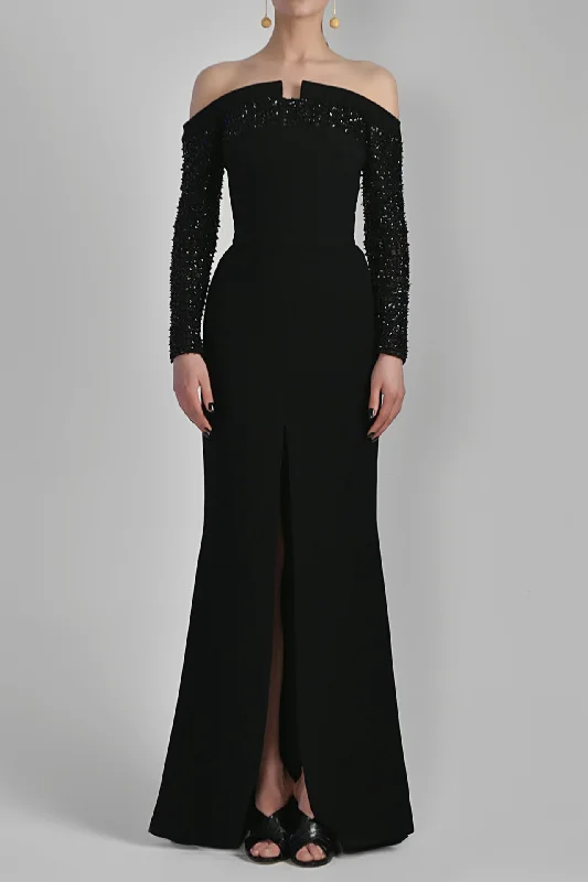 Jet black canton crepe beaded gown