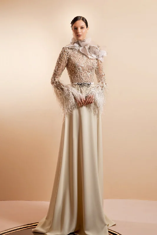 Long fitted sleeves beaded crepe dress