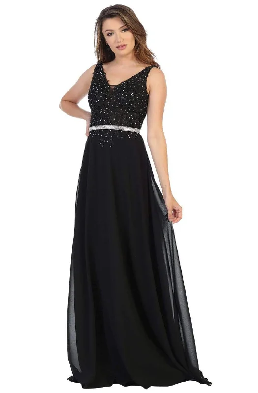 May Queen - MQ1701 Embroidered Plunging V-neck A-line Gown
