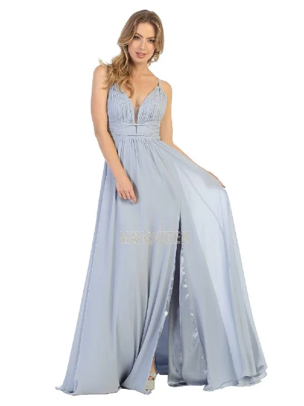 May Queen - MQ1755 Ruched Deep V-neck A-line Dress