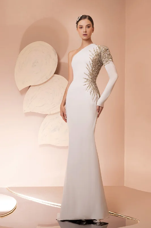 One sleeve embroidered crepe dress