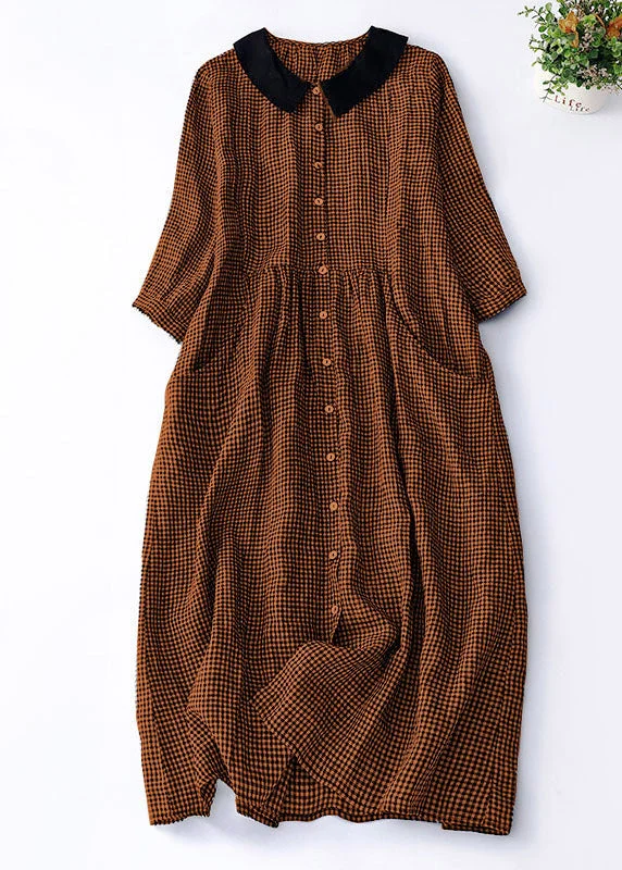 Organic Brown Plaid Peter Pan Collar Patchwork Linen Dresses Summer
