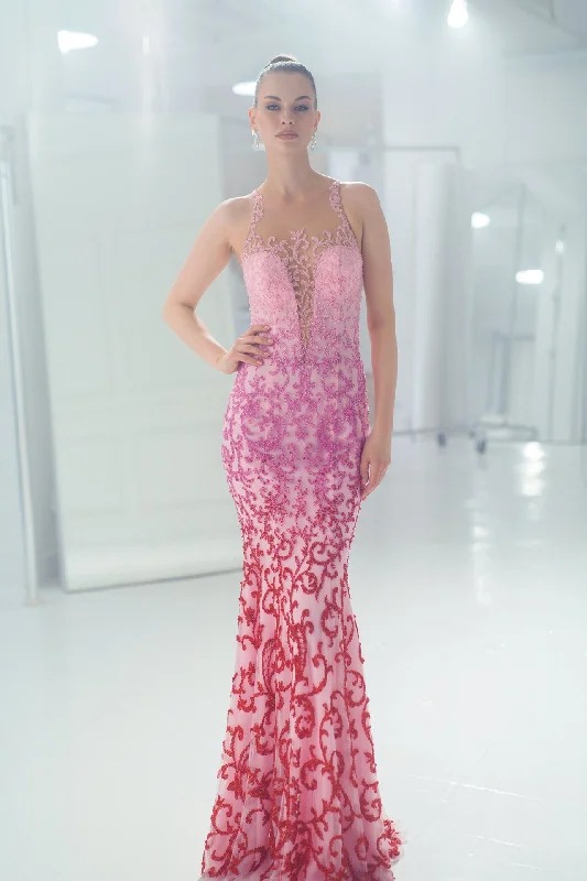 Deep V neckline embroidered mermaid gown