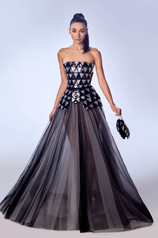Strapless sequined tulle dress